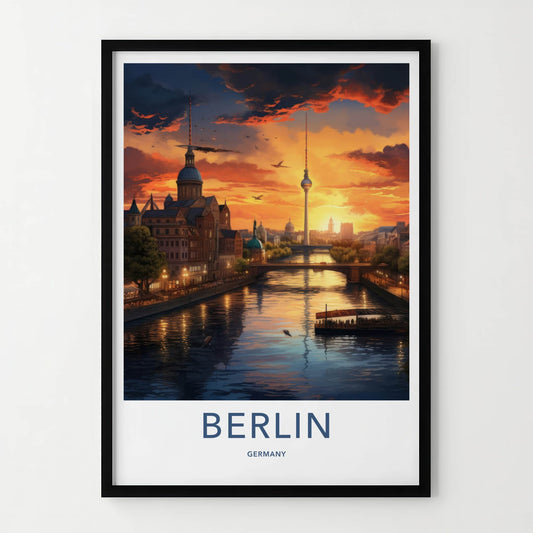 Berlin Poster - Germany Travel Art - Riverside City Sunset Wall Decor
