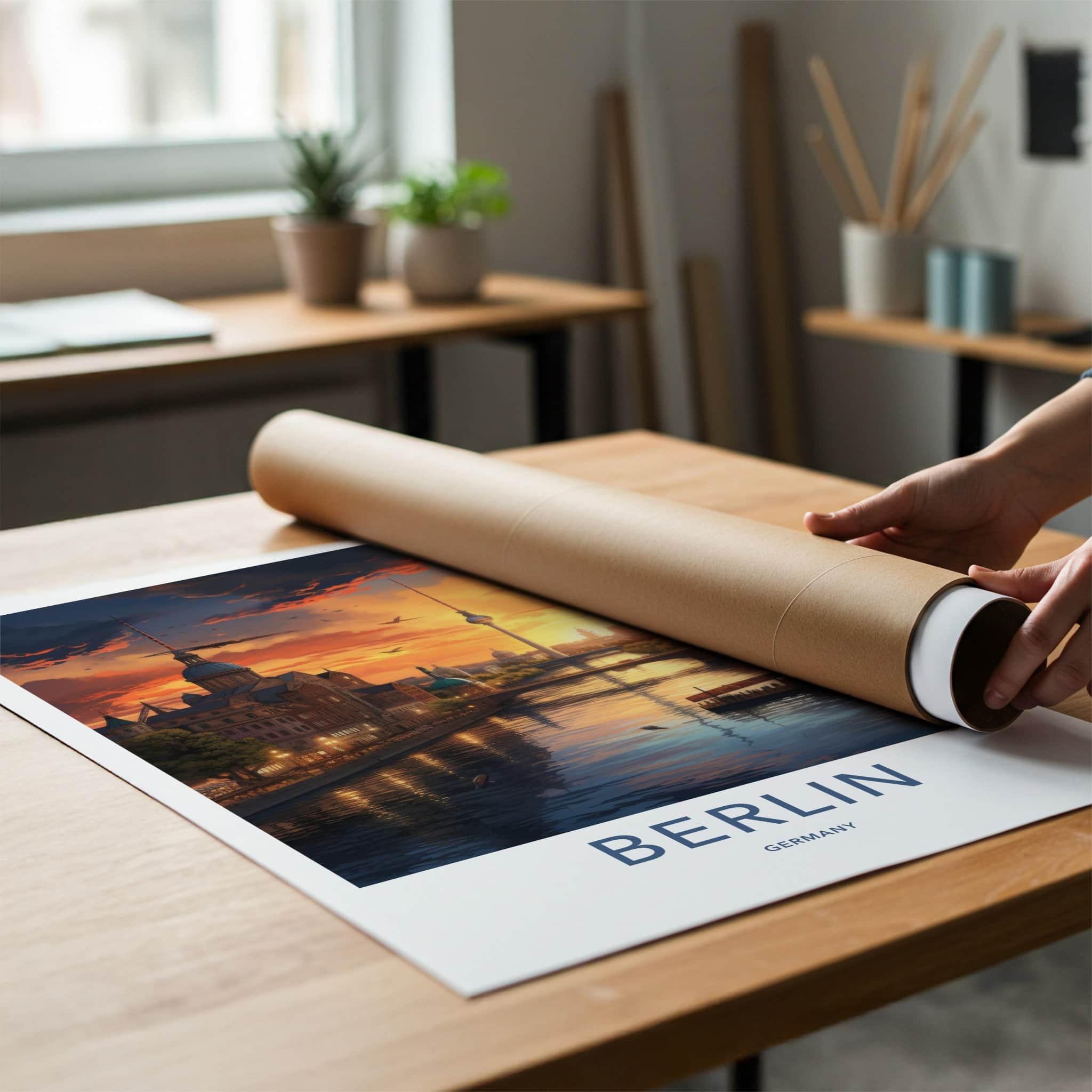 Berlin Poster - Germany Travel Art - Riverside City Sunset Wall Decor