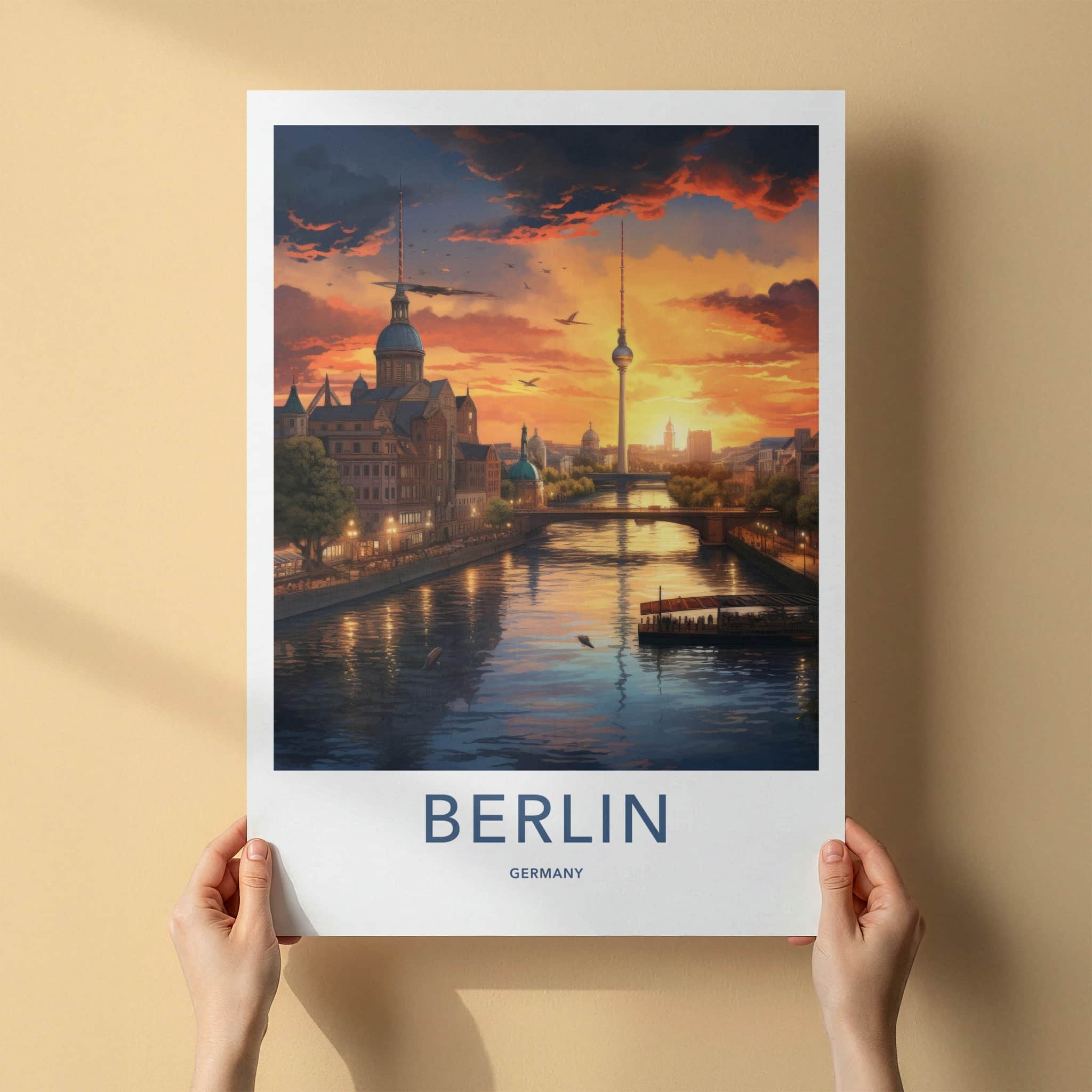 Berlin Poster - Germany Travel Art - Riverside City Sunset Wall Decor