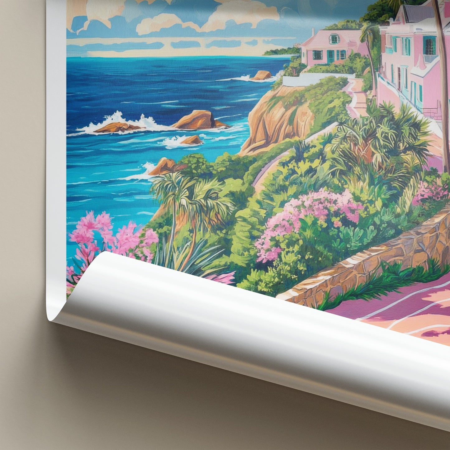 Bermuda Poster - Bermuda Travel Art - Cliffside Pink Houses Home Decor