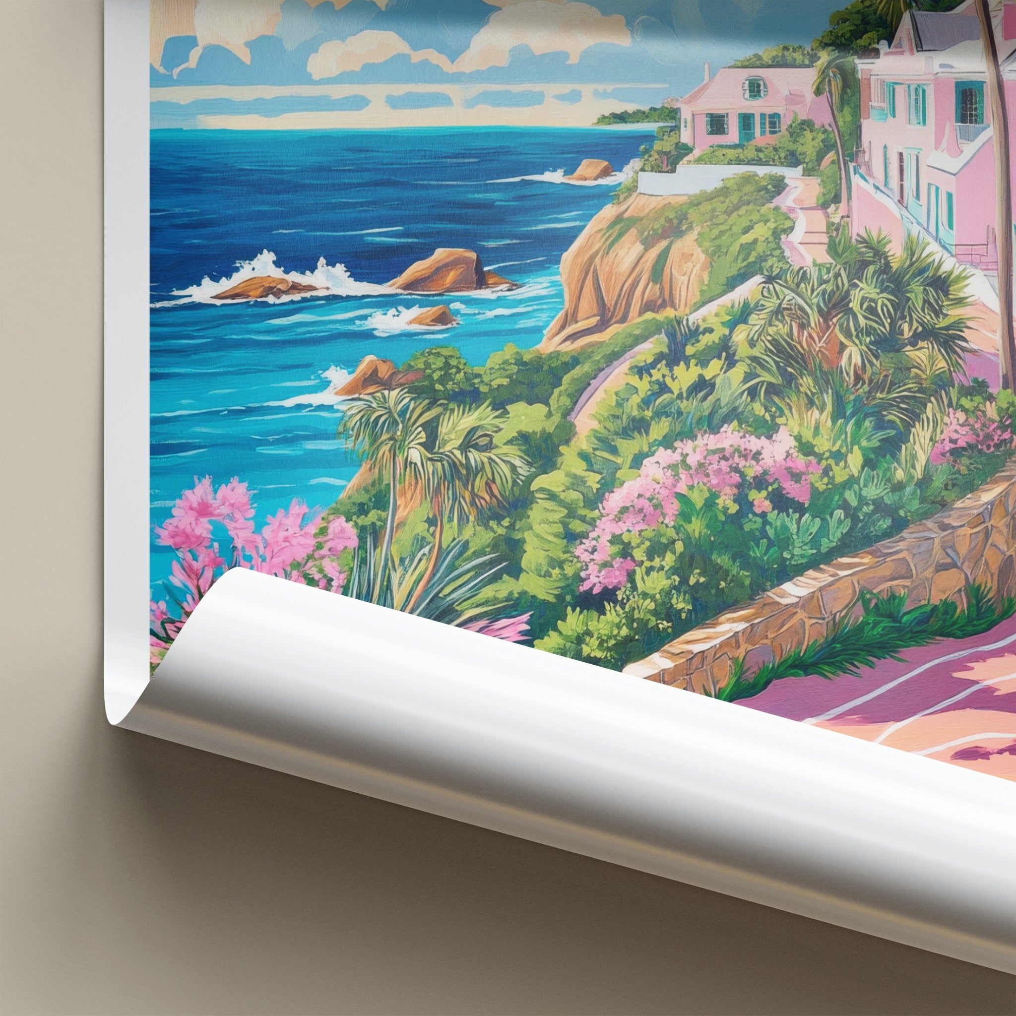 Bermuda Poster - Bermuda Travel Art - Cliffside Pink Houses Home Decor