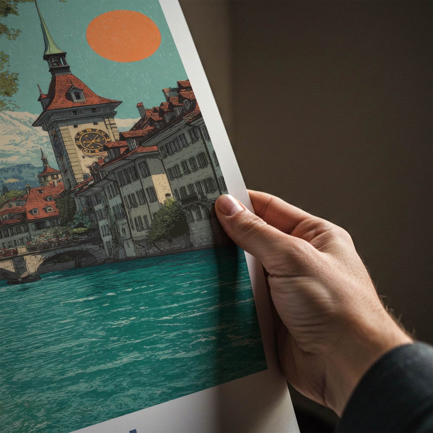 Bern Poster - Switzerland Art Print - Alpine River Stadt Clock Home Decor