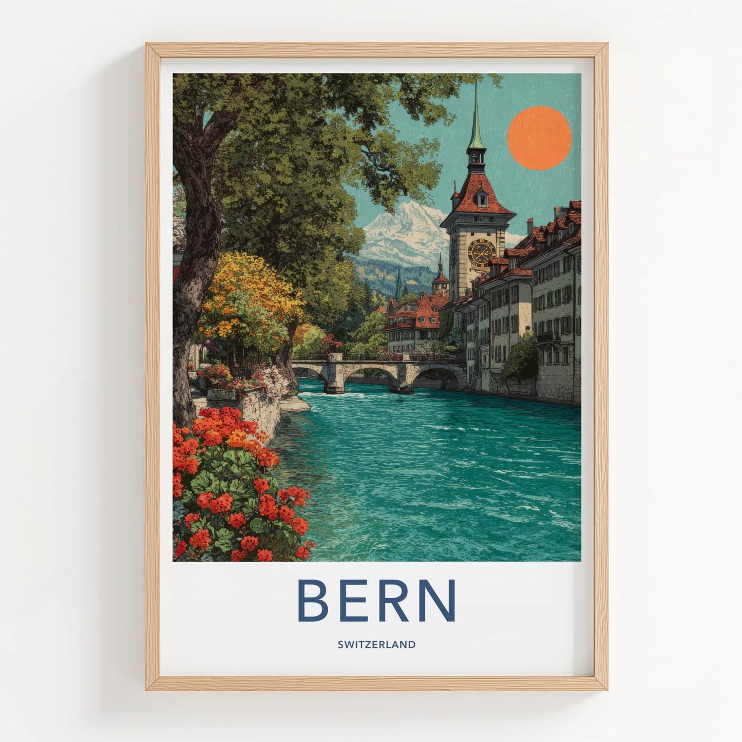 Bern Poster - Switzerland Art Print - Alpine River Stadt Clock Home Decor