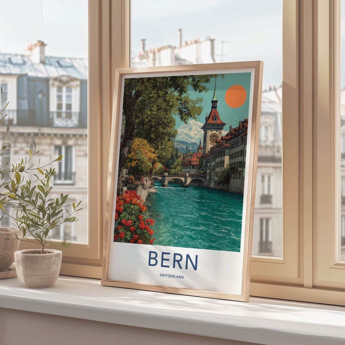 Bern Poster - Switzerland Art Print - Alpine River Stadt Clock Home Decor