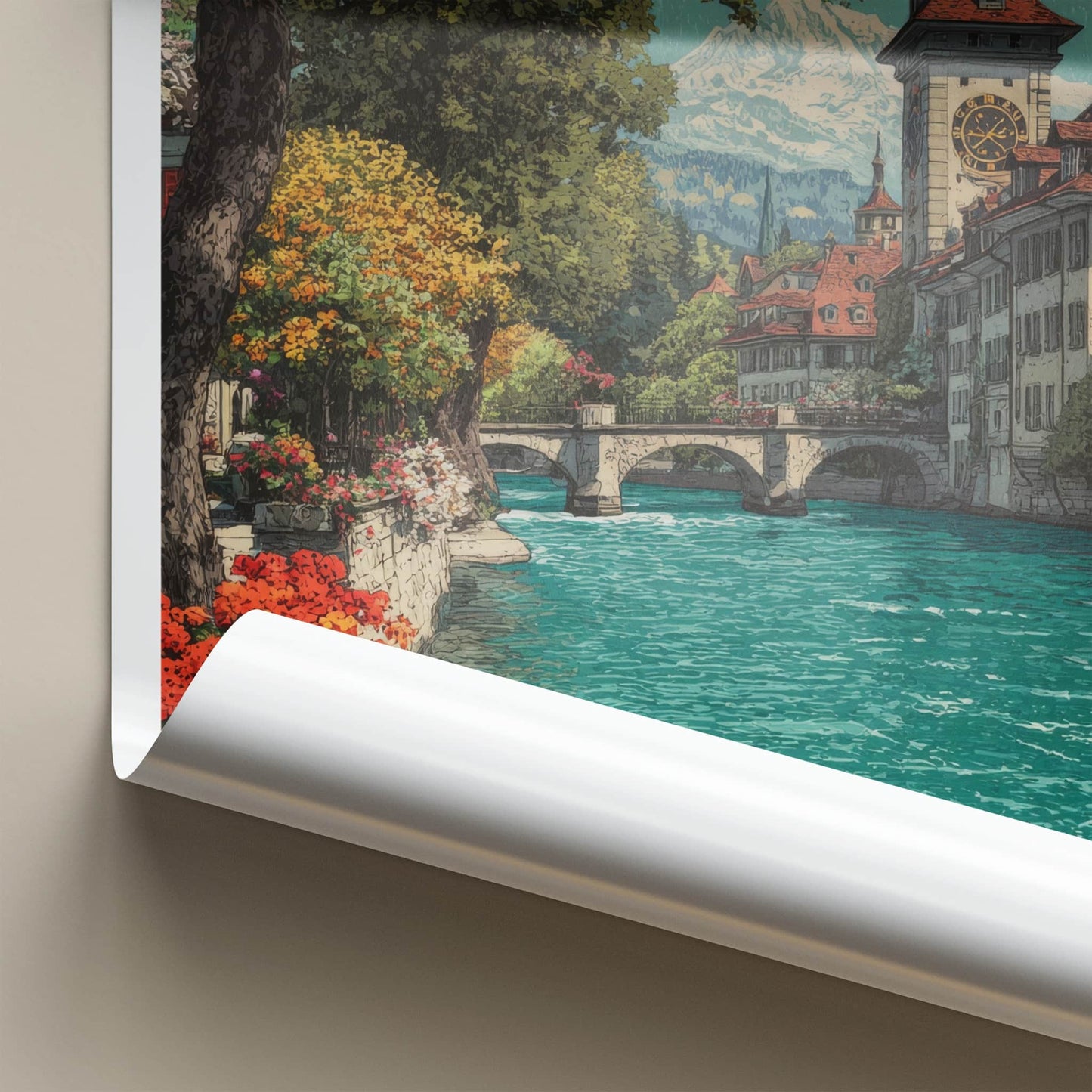 Bern Poster - Switzerland Art Print - Alpine River Stadt Clock Home Decor
