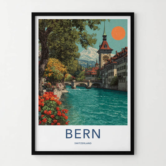 Bern Poster - Switzerland Art Print - Alpine River Stadt Clock Home Decor