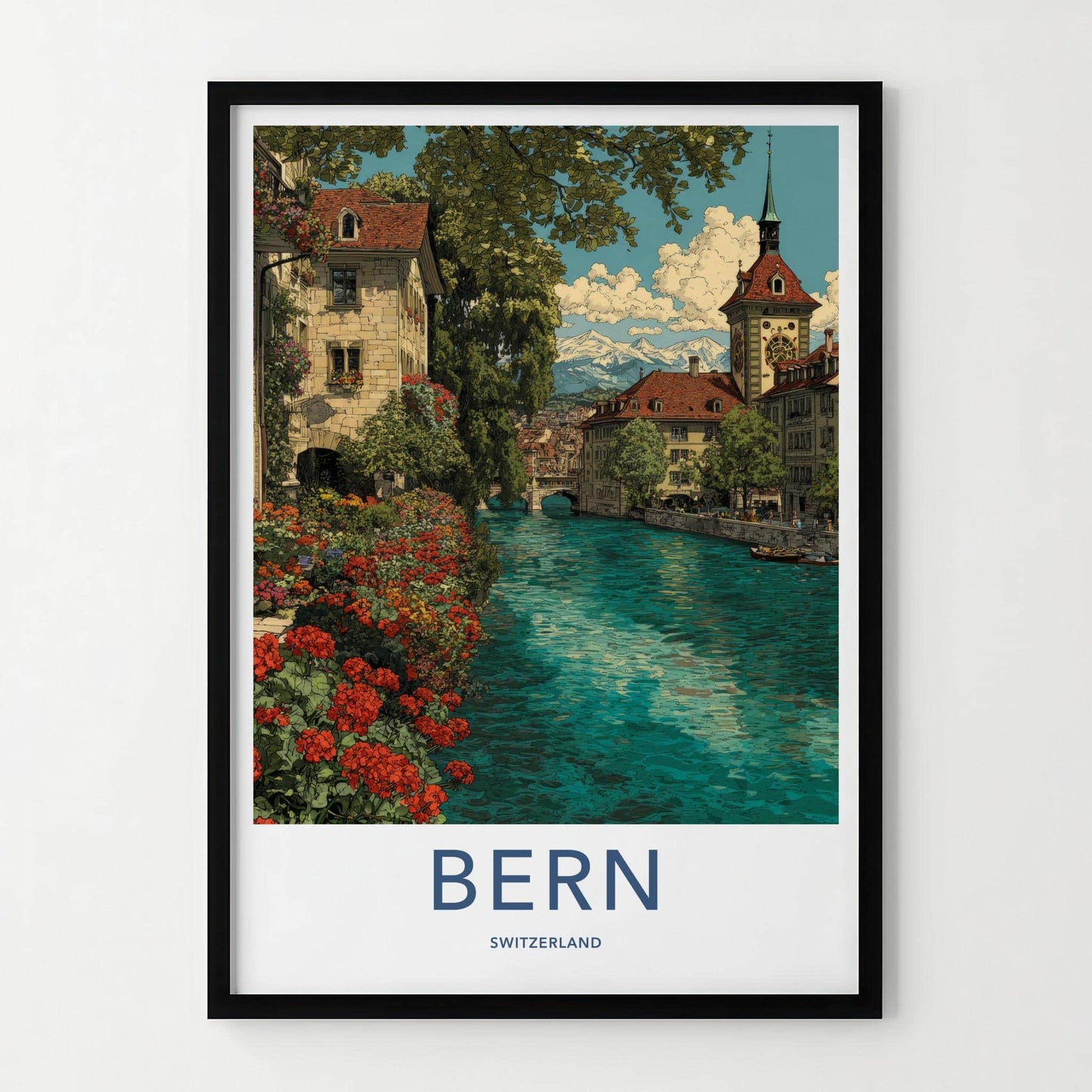 Bern Poster - Switzerland Travel Art - Riverside Alpine View Wall Decor