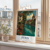 Bern Poster - Switzerland Travel Art - Riverside Alpine View Wall Decor