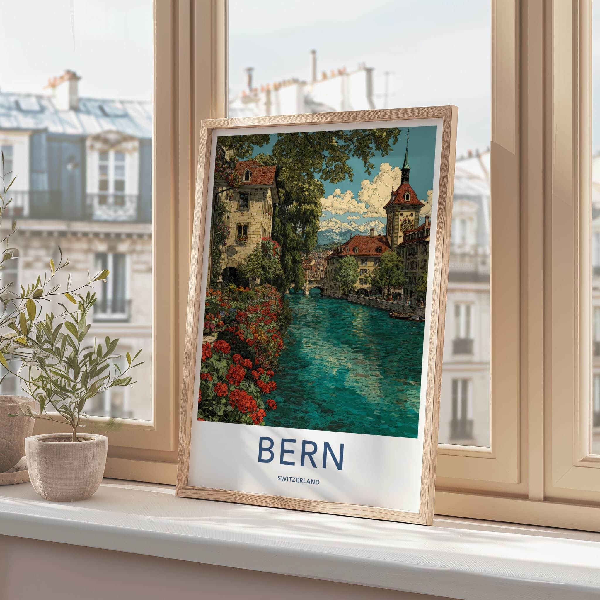 Bern Poster - Switzerland Travel Art - Riverside Alpine View Wall Decor