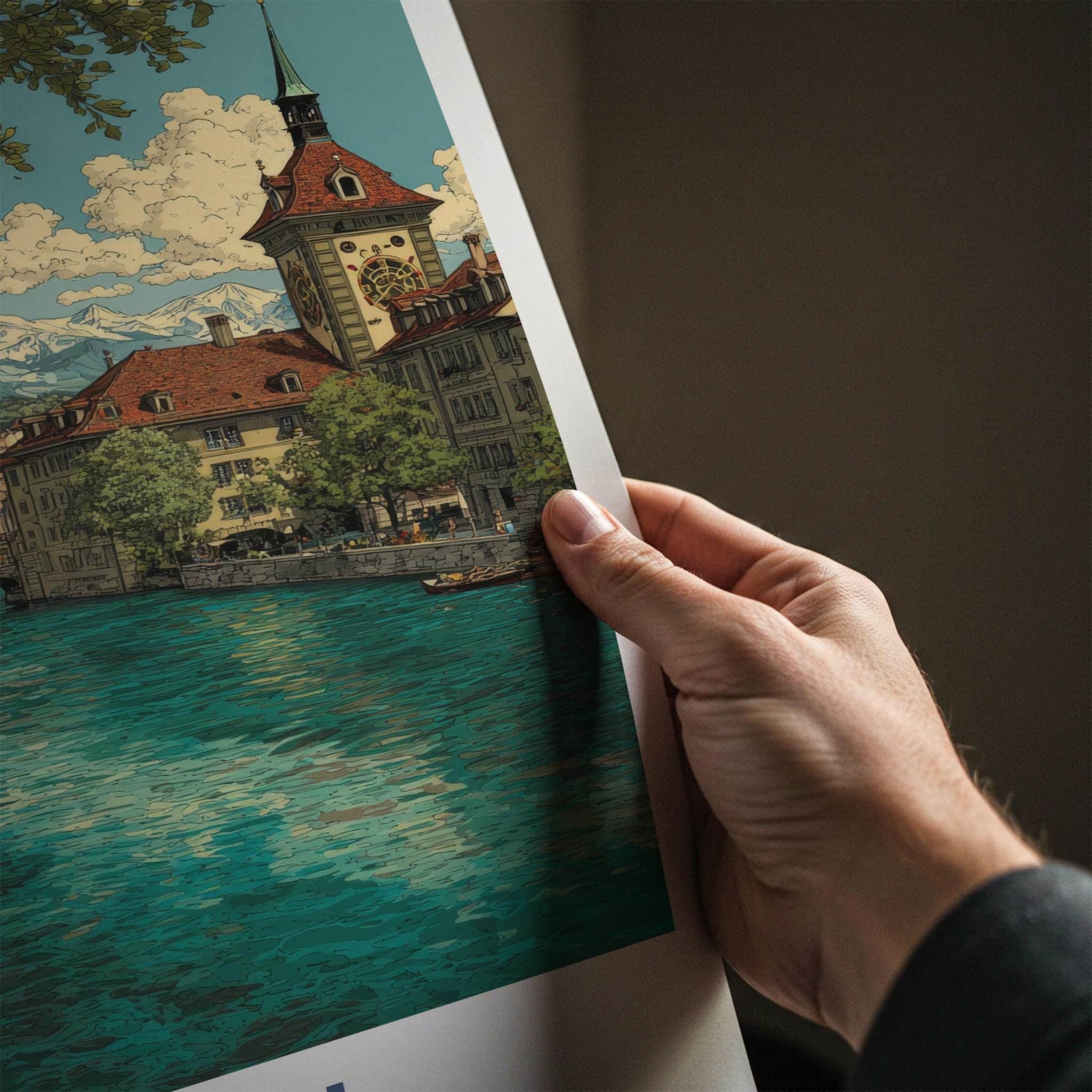 Bern Poster - Switzerland Travel Art - Riverside Alpine View Wall Decor