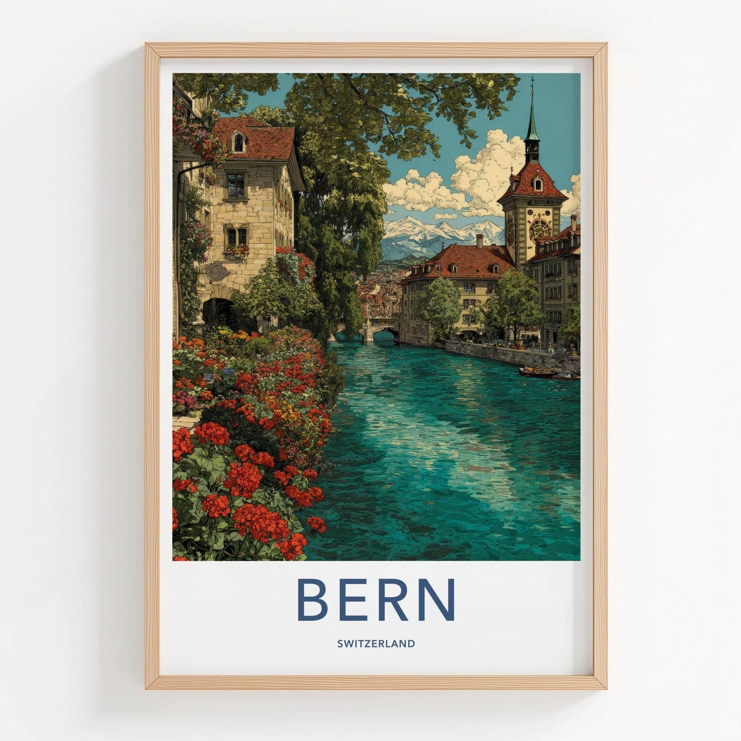 Bern Poster - Switzerland Travel Art - Riverside Alpine View Wall Decor