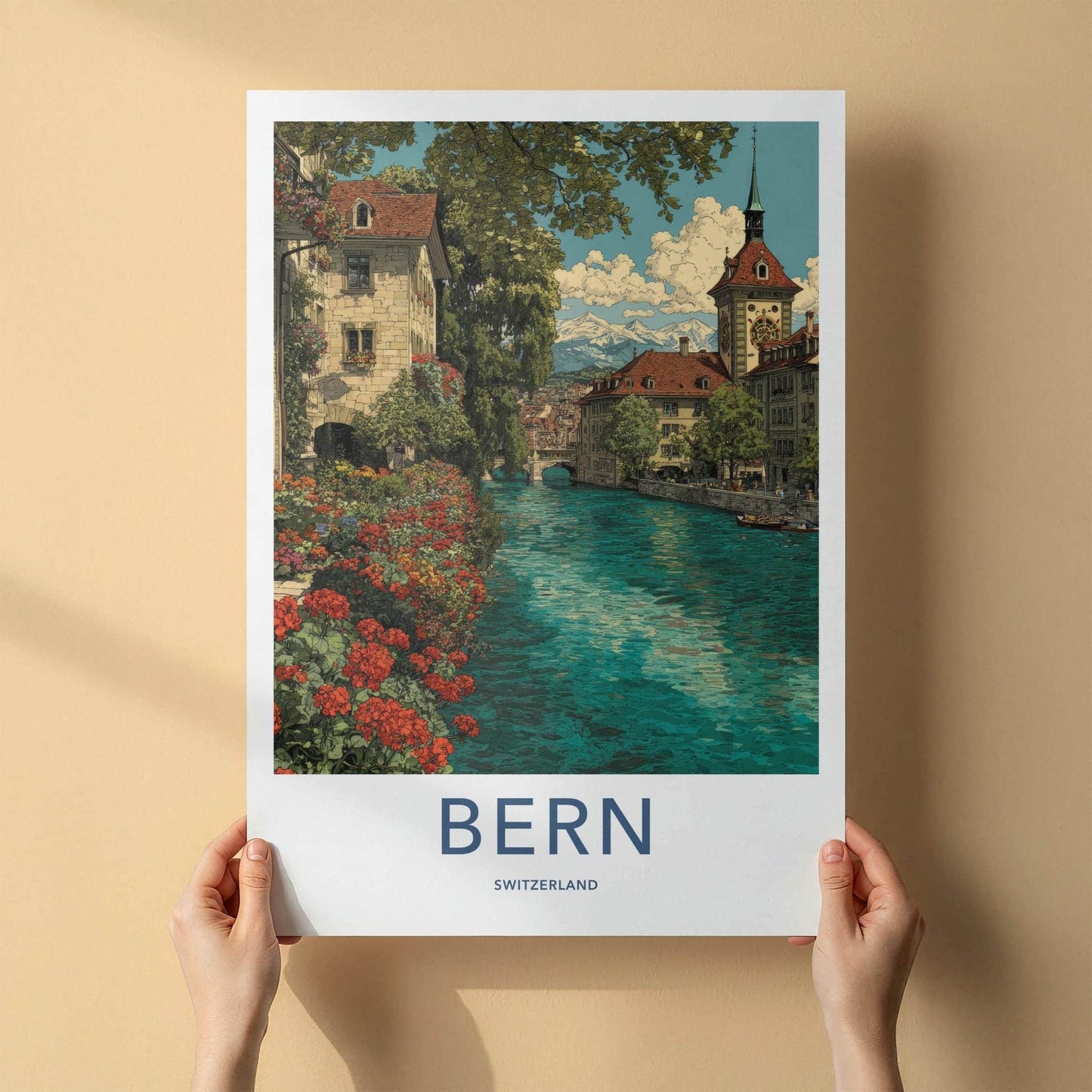 Bern Poster - Switzerland Travel Art - Riverside Alpine View Wall Decor