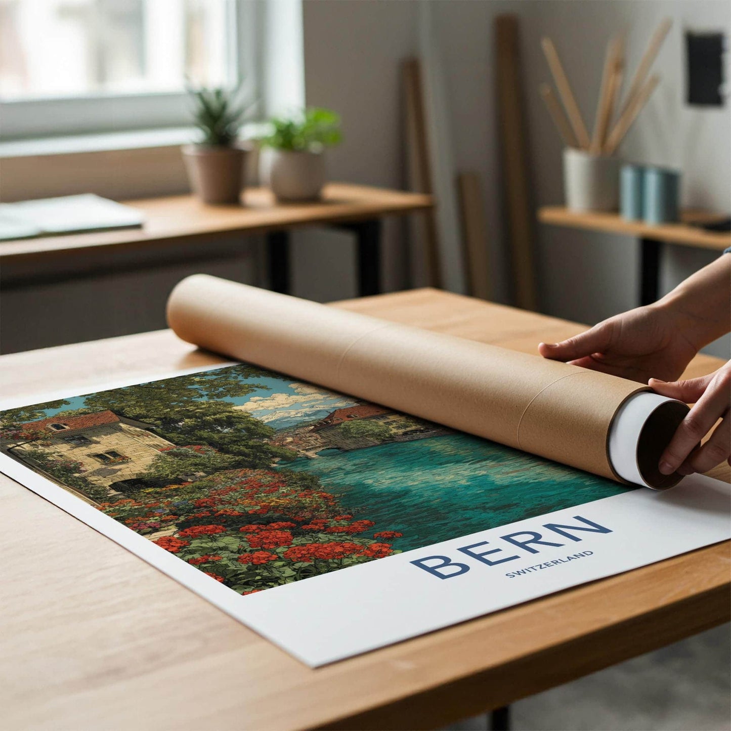 Bern Poster - Switzerland Travel Art - Riverside Alpine View Wall Decor