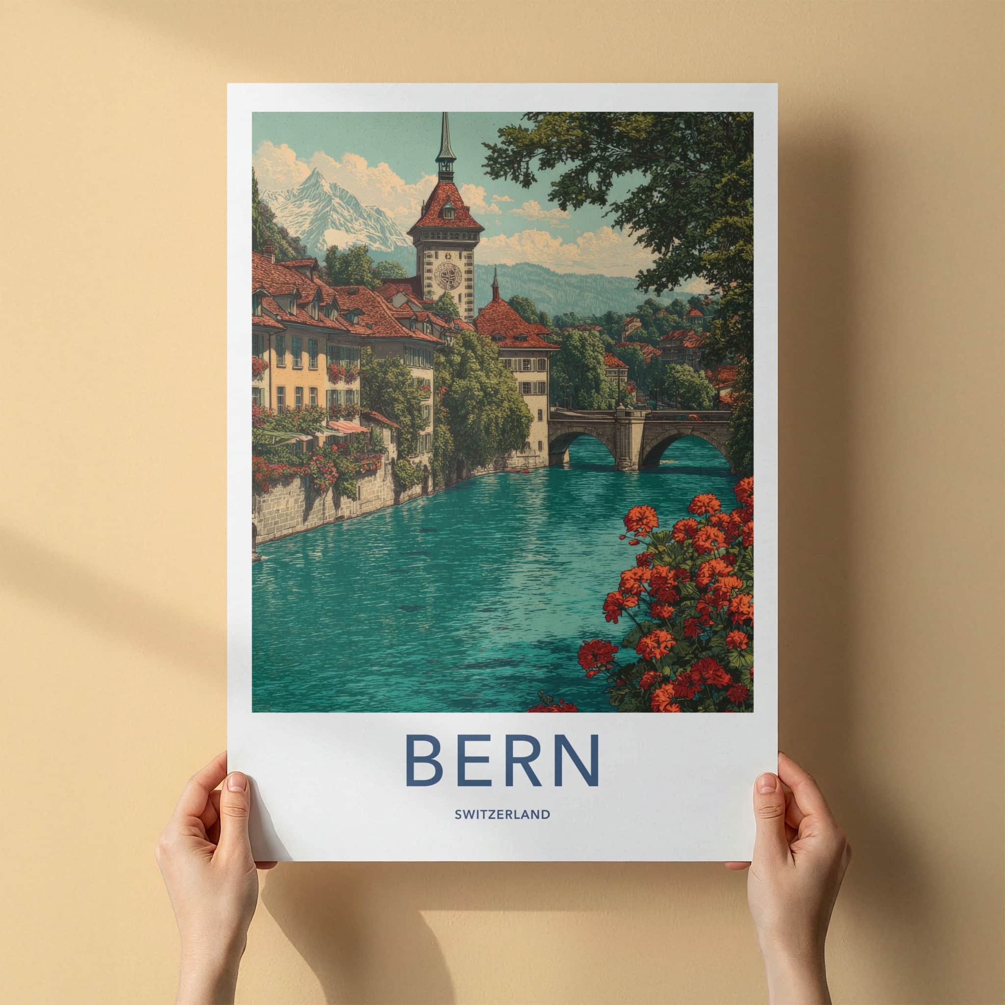 Bern Poster - Switzerland Travel Art - Riverside Clock Tower Wall Decor