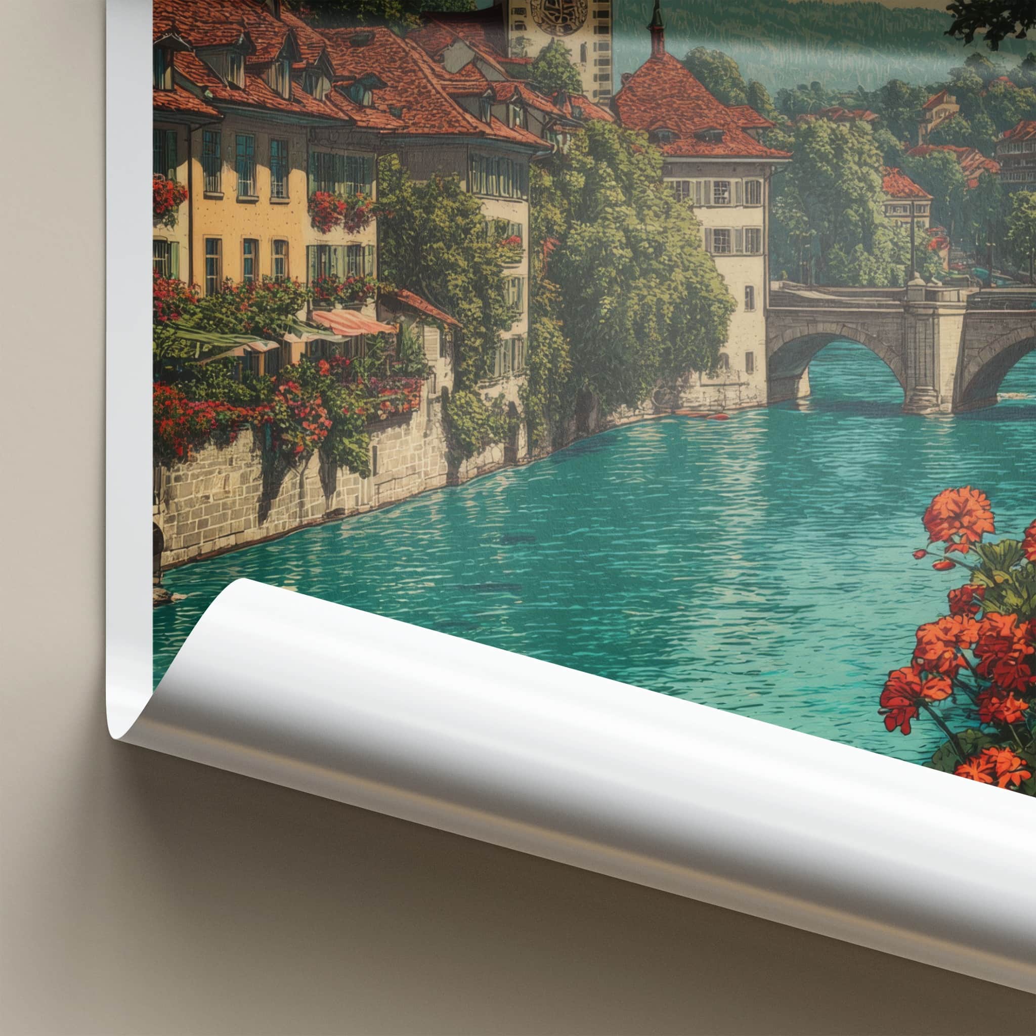 Bern Poster - Switzerland Travel Art - Riverside Clock Tower Wall Decor