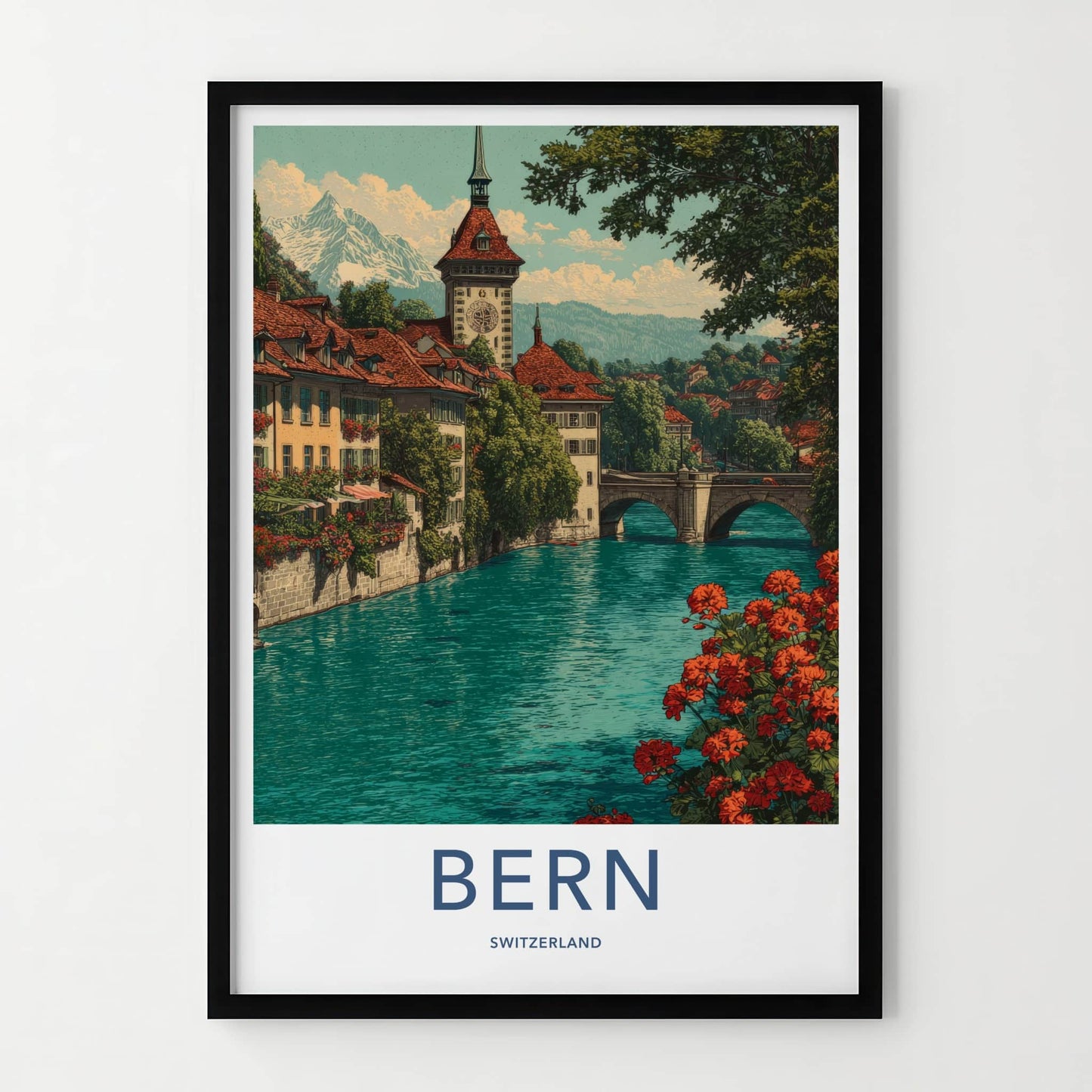 Bern Poster - Switzerland Travel Art - Riverside Clock Tower Wall Decor