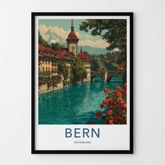 Bern Poster - Switzerland Travel Art - Riverside Clock Tower Wall Decor