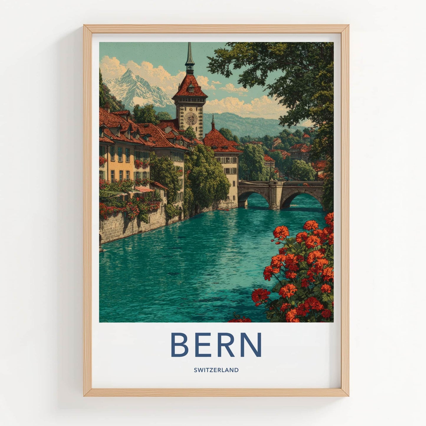 Bern Poster - Switzerland Travel Art - Riverside Clock Tower Wall Decor