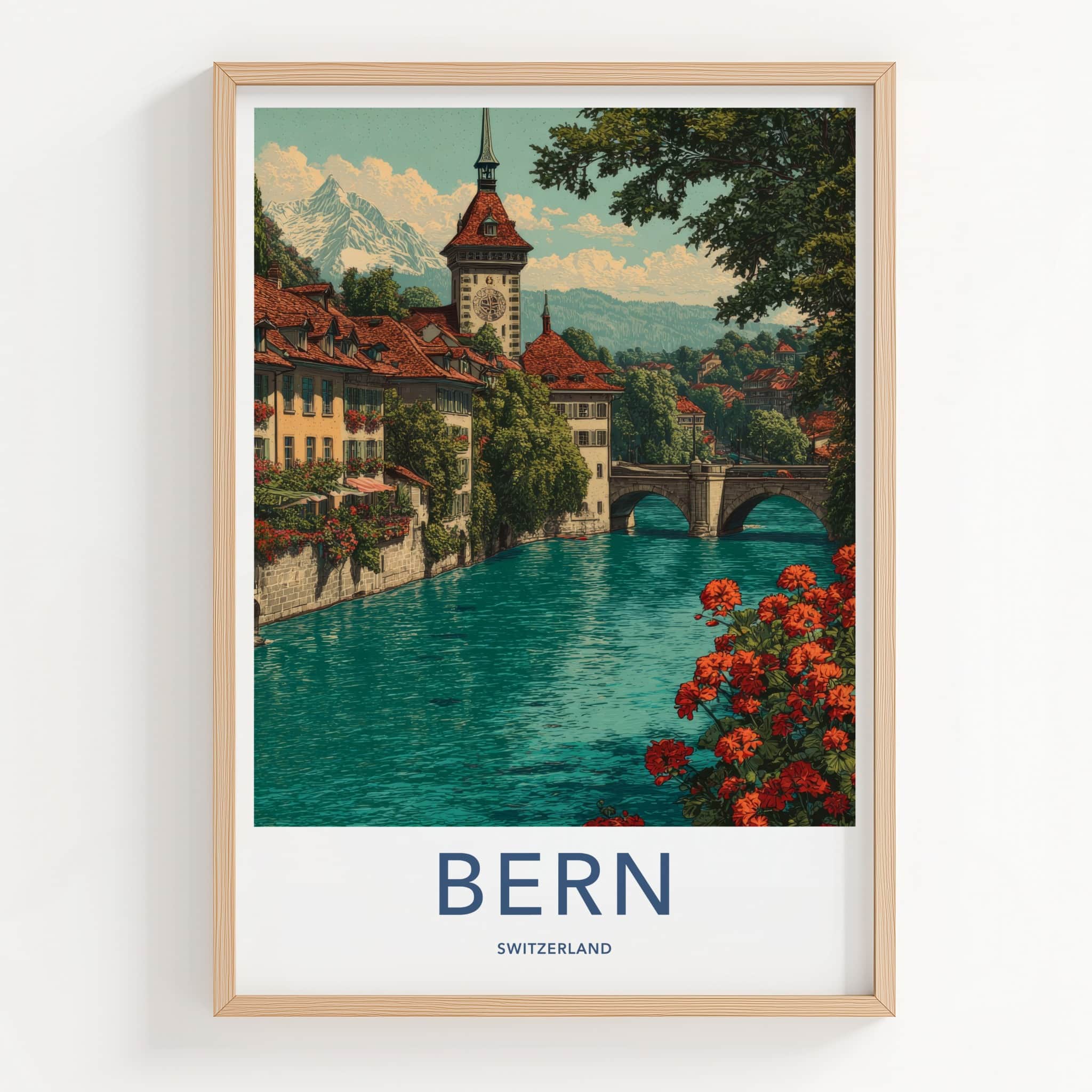 Bern Poster - Switzerland Travel Art - Riverside Clock Tower Wall Decor