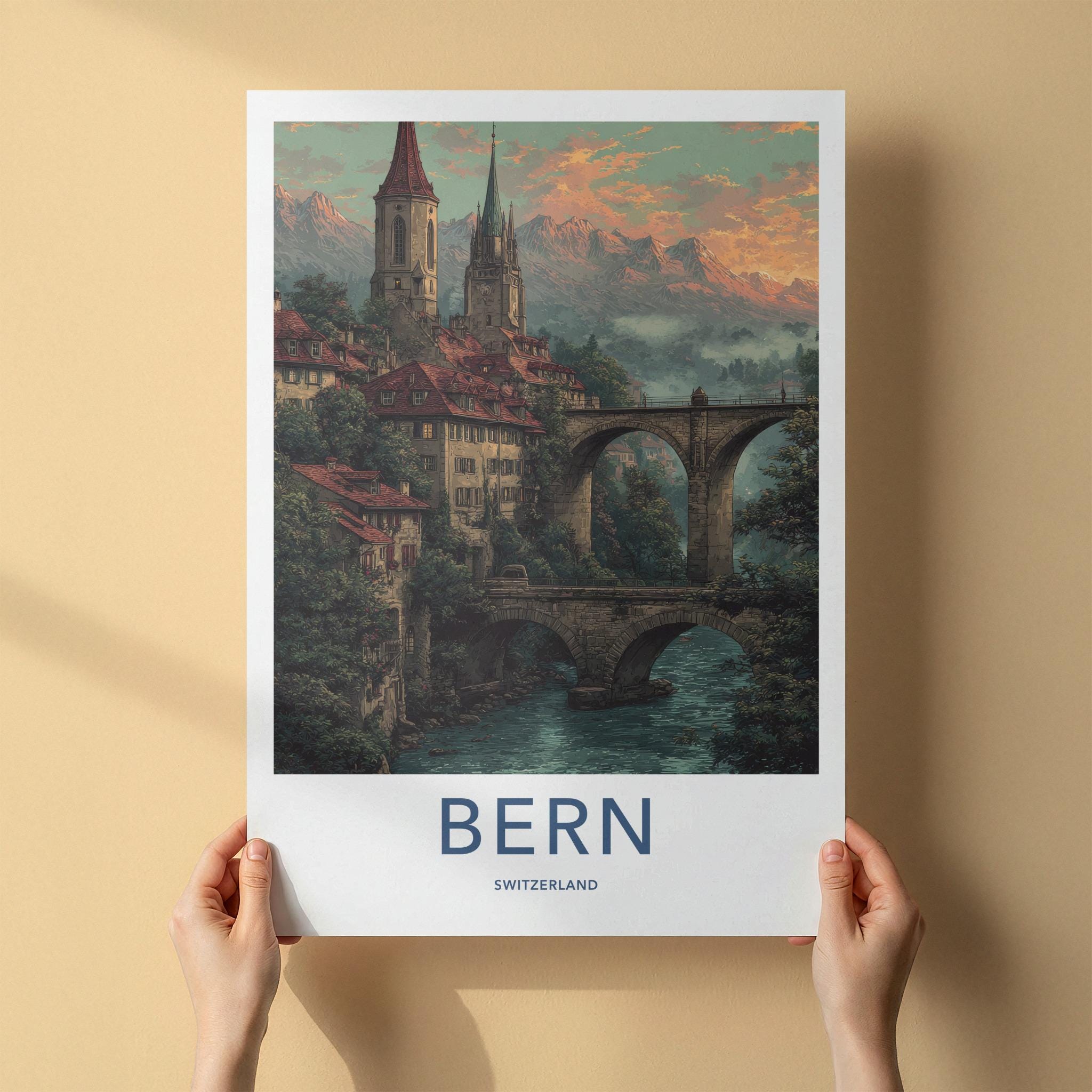 Bern Poster - Switzerland Travel Print - Historic bridge river Home Art