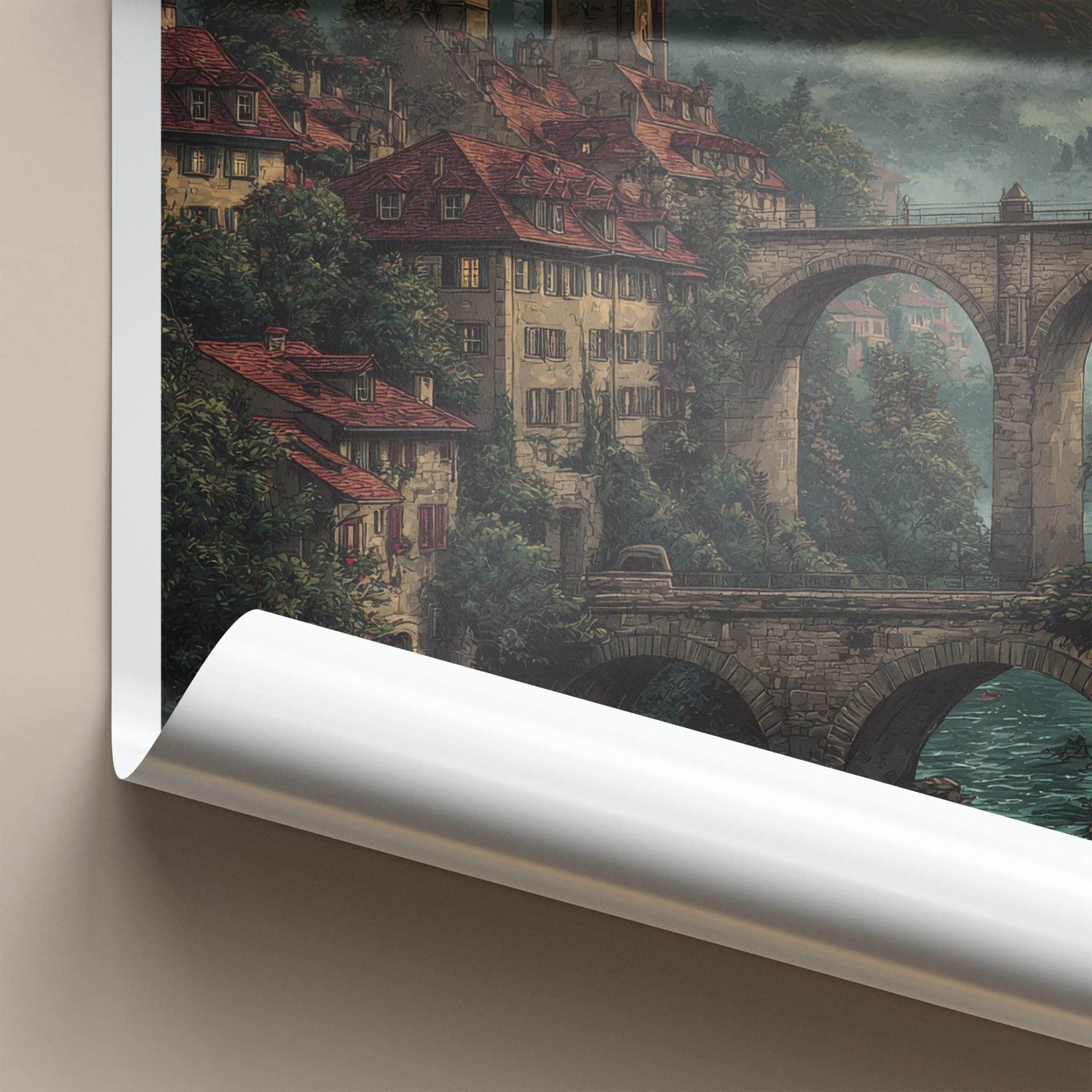 Bern Poster - Switzerland Travel Print - Historic bridge river Home Art