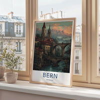 Bern Poster - Switzerland Travel Print - Historic bridge river Home Art