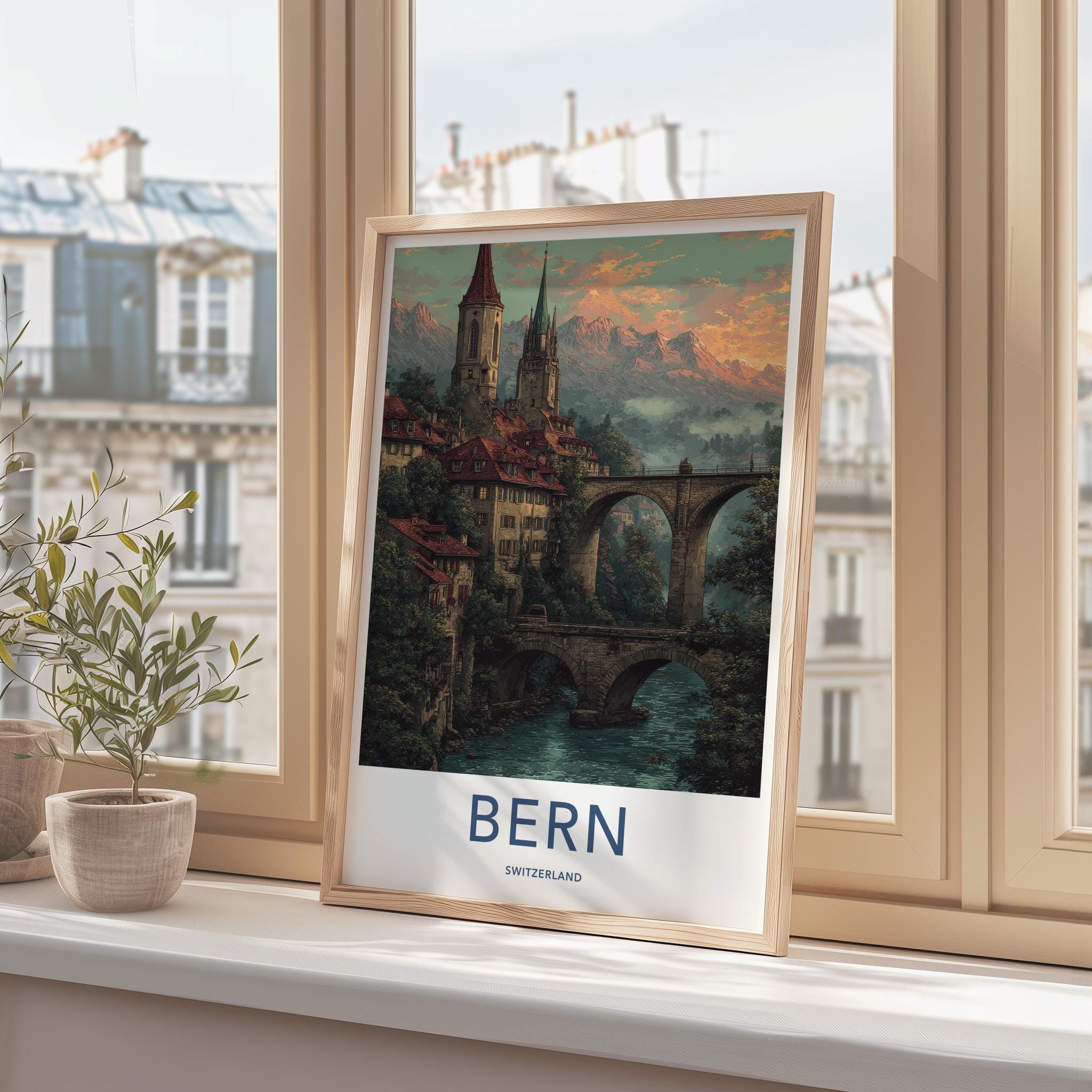 Bern Poster - Switzerland Travel Print - Historic bridge river Home Art