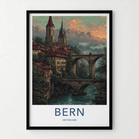 Bern Poster - Switzerland Travel Print - Historic bridge river Home Art