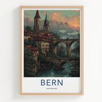 Bern Poster - Switzerland Travel Print - Historic bridge river Home Art