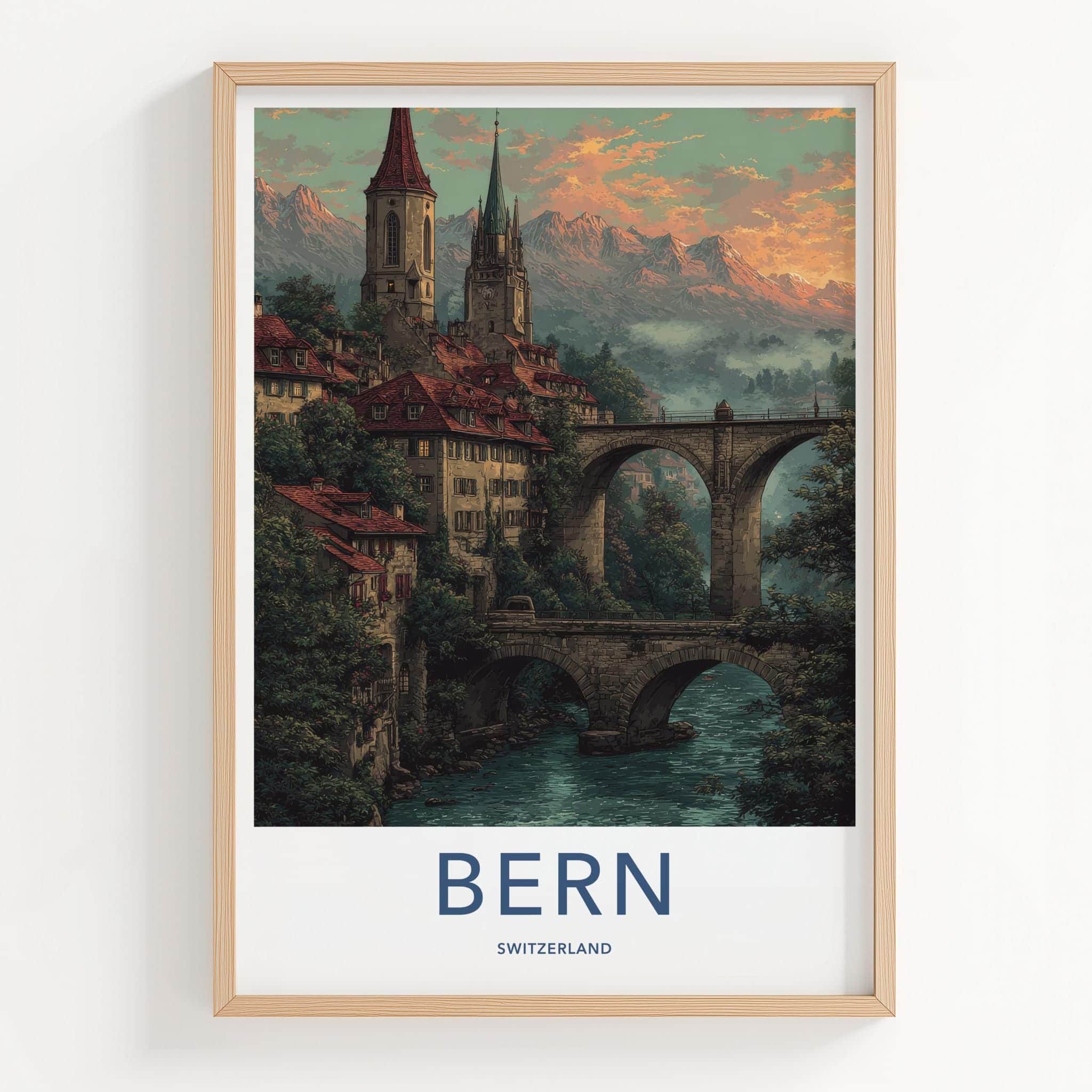 Bern Poster - Switzerland Travel Print - Historic bridge river Home Art