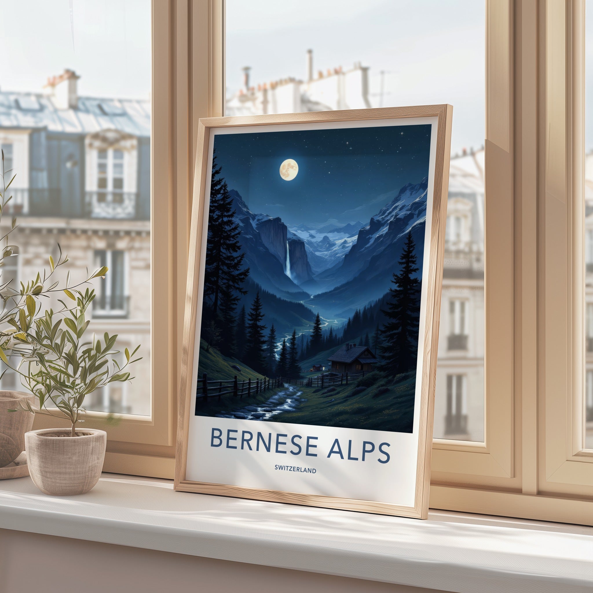 Berneese Alps Poster - Switzerland Travel Art - Moonlit Valley Waterfall Wall Decor