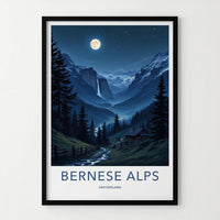 Berneese Alps Poster - Switzerland Travel Art - Moonlit Valley Waterfall Wall Decor