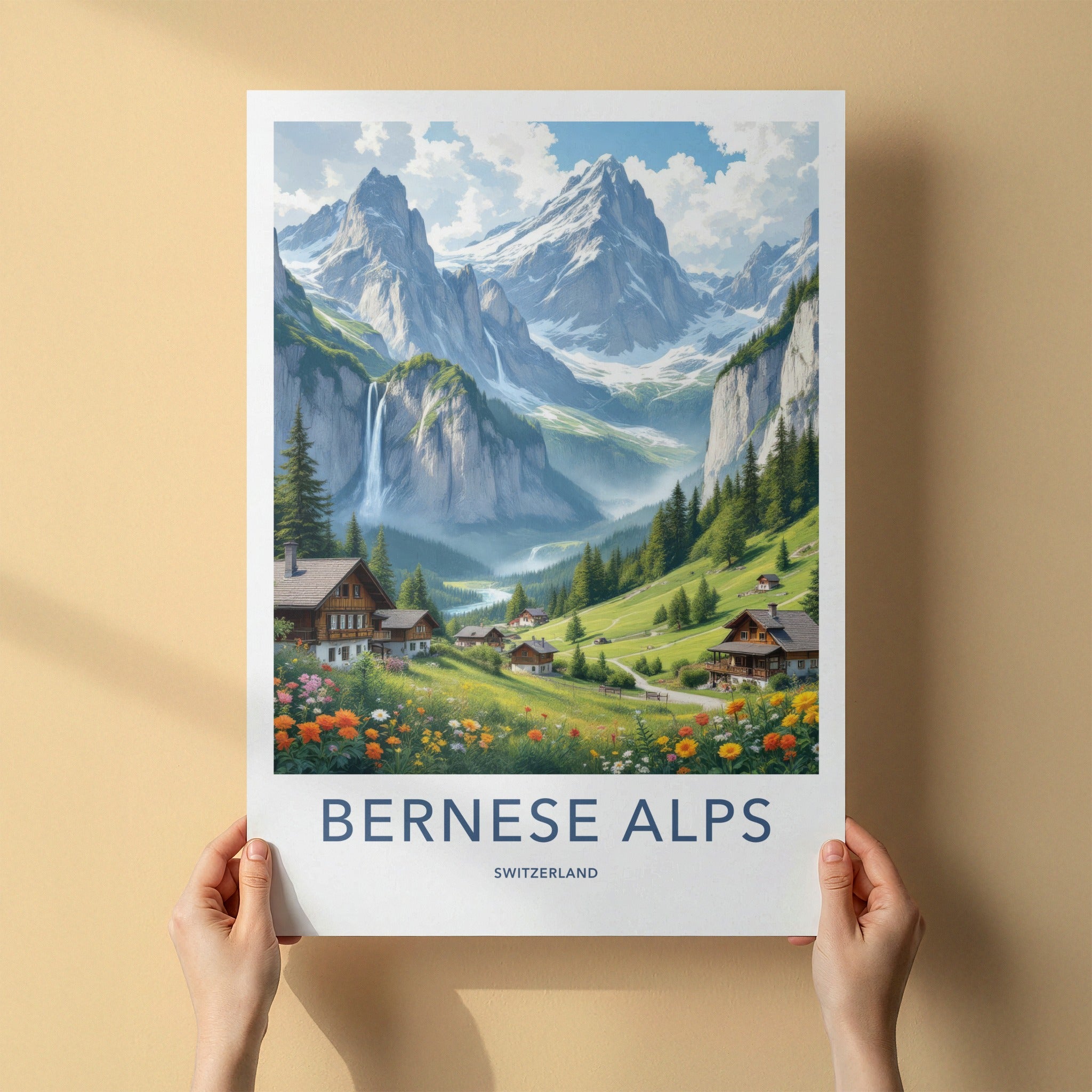 Bernese Alps Poster - Switzerland Travel Art - Majestic Alpine Waterfall Home Decor