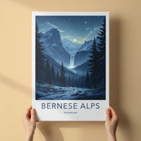 Bernese Alps Poster - Switzerland Travel Art - Moonlit Alpine Waterfall Wall Decor