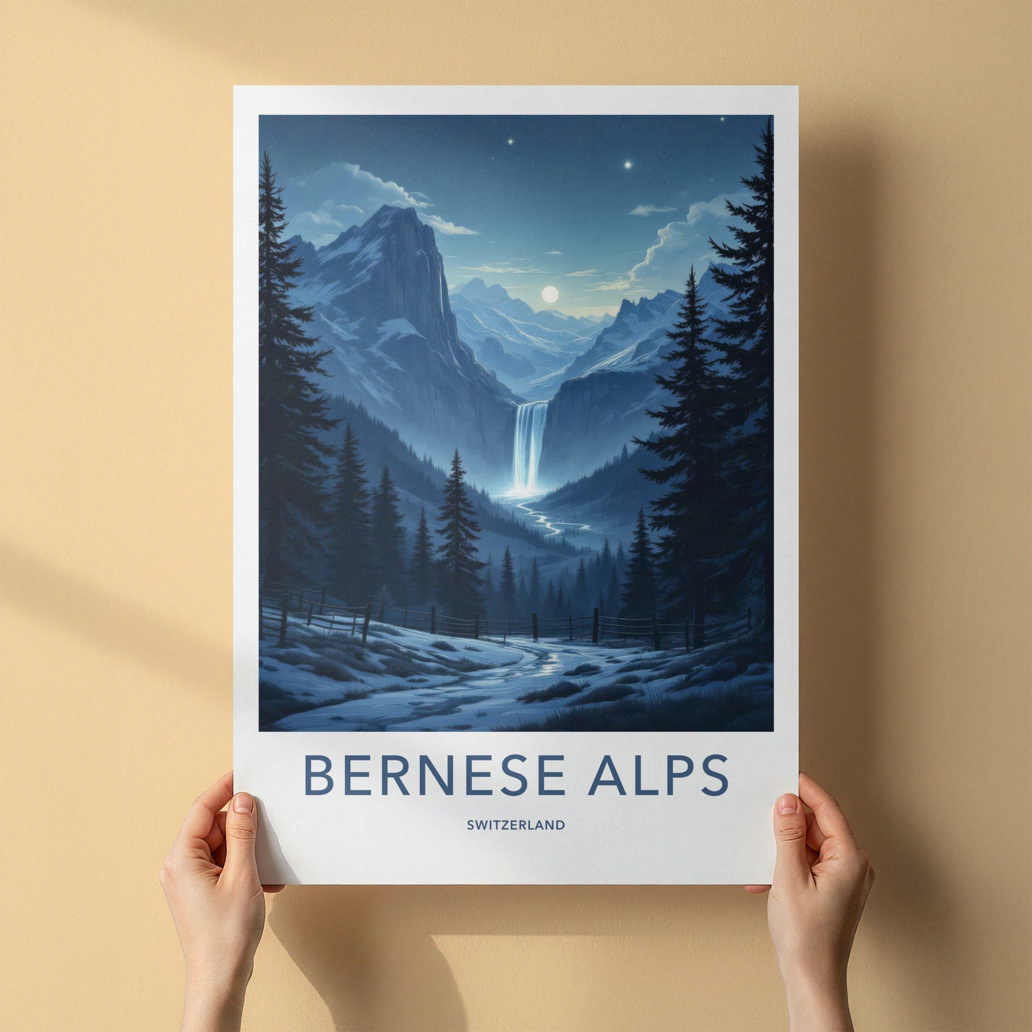 Bernese Alps Poster - Switzerland Travel Art - Moonlit Alpine Waterfall Wall Decor