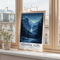 Bernese Alps Poster - Switzerland Travel Art - Moonlit Alpine Waterfall Wall Decor