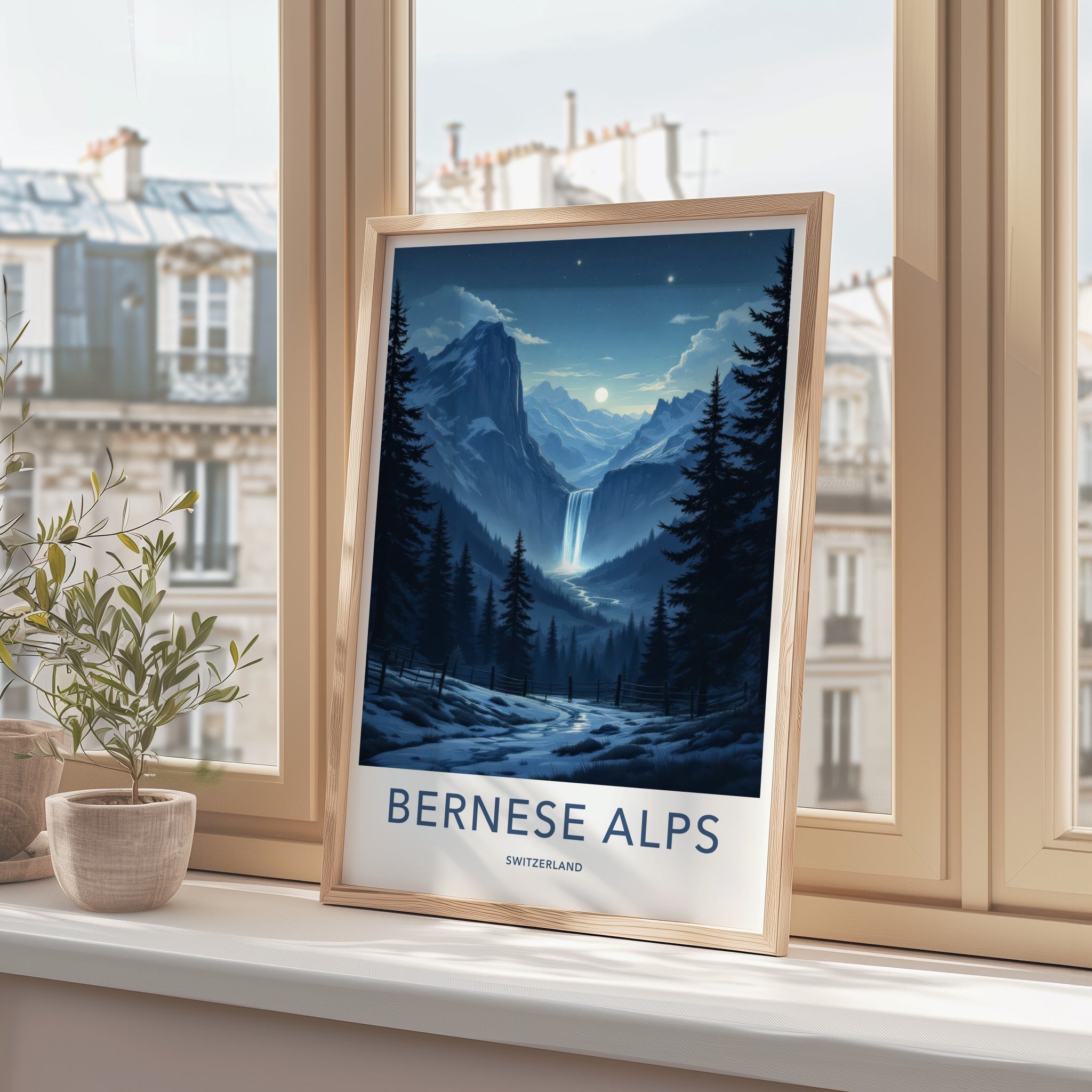 Bernese Alps Poster - Switzerland Travel Art - Moonlit Alpine Waterfall Wall Decor