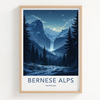 Bernese Alps Poster - Switzerland Travel Art - Moonlit Alpine Waterfall Wall Decor