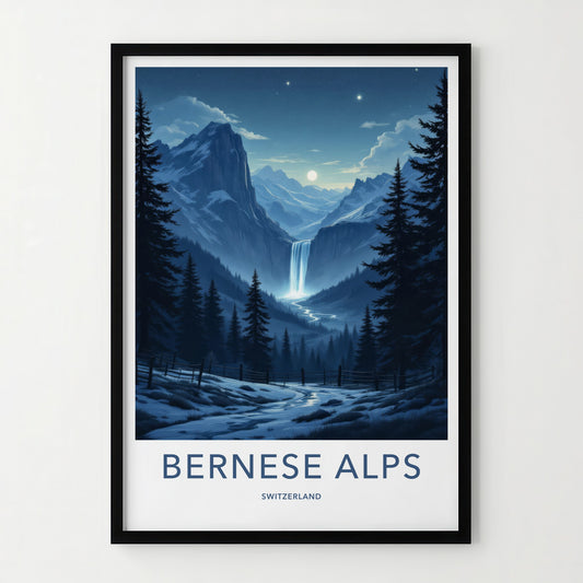Bernese Alps Poster - Switzerland Travel Art - Moonlit Alpine Waterfall Wall Decor