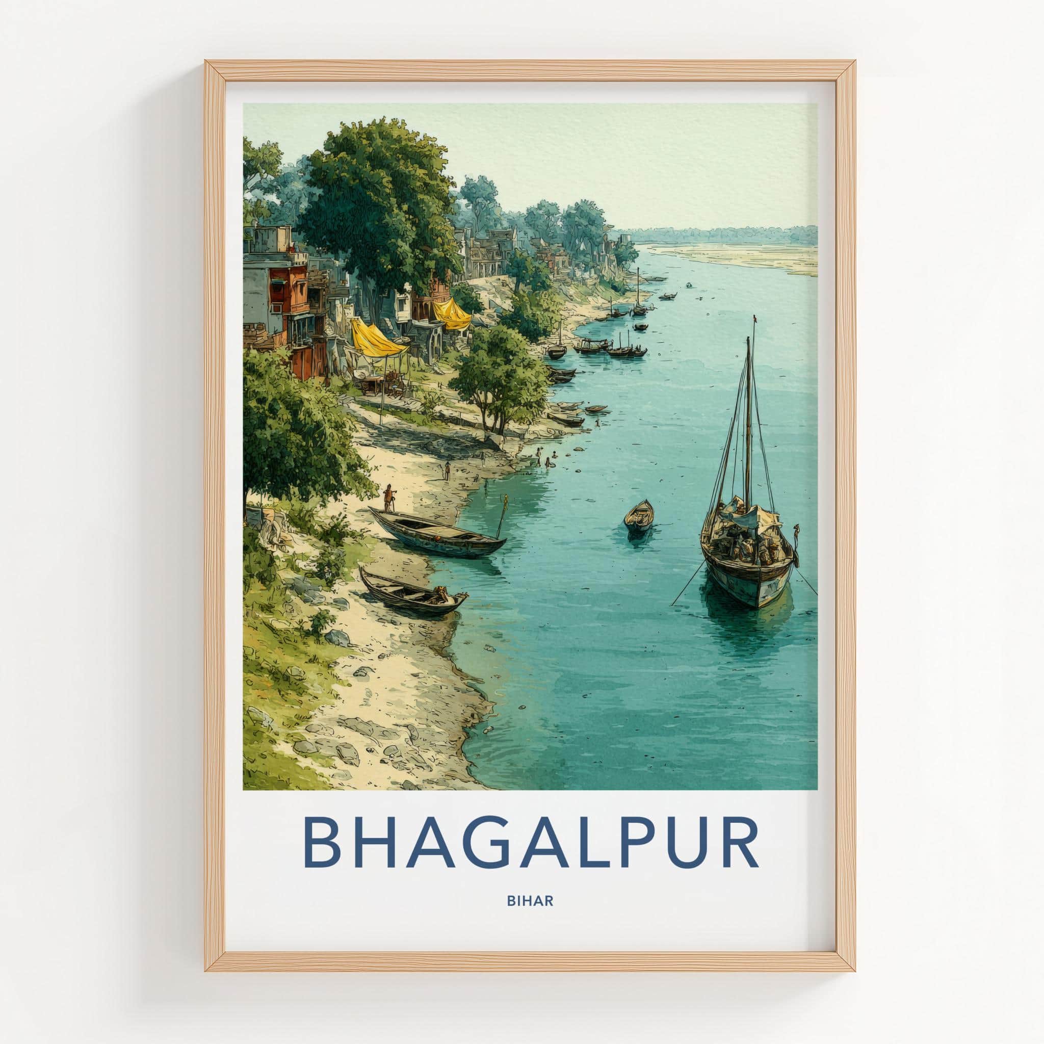 Bhagalpur Poster - India Travel Print - Bihar Lively river scene Wall Decor