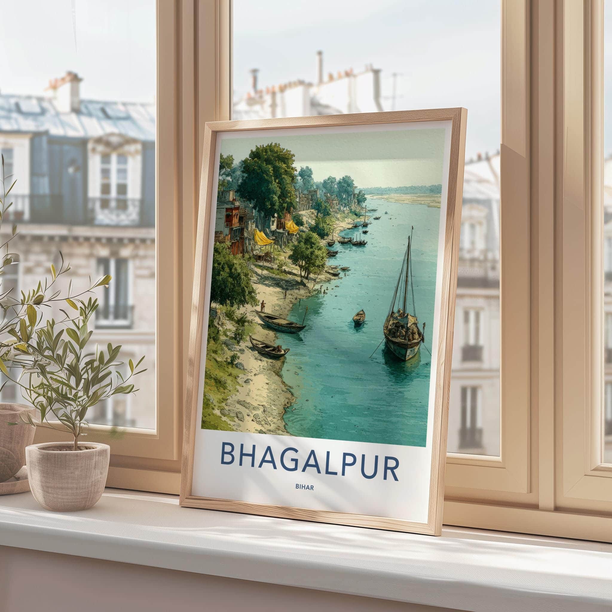 Bhagalpur Poster - India Travel Print - Bihar Lively river scene Wall Decor