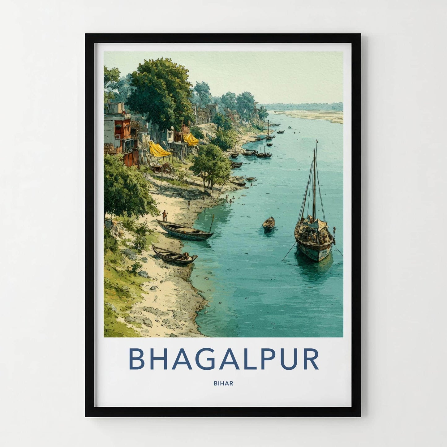 Bhagalpur Poster - India Travel Print - Bihar Lively river scene Wall Decor