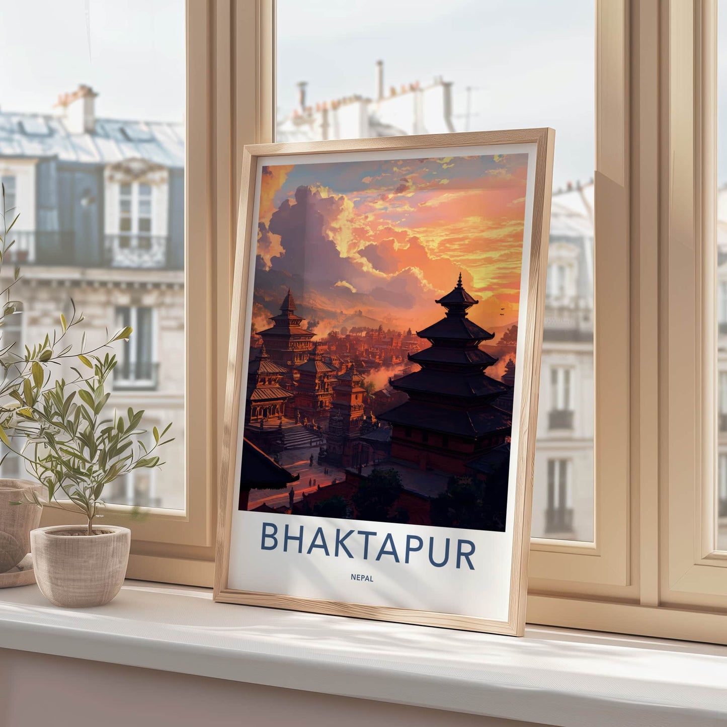 Bhaktapur Poster - Nepal Travel Art - Ancient Temple Sunset Wall Decor