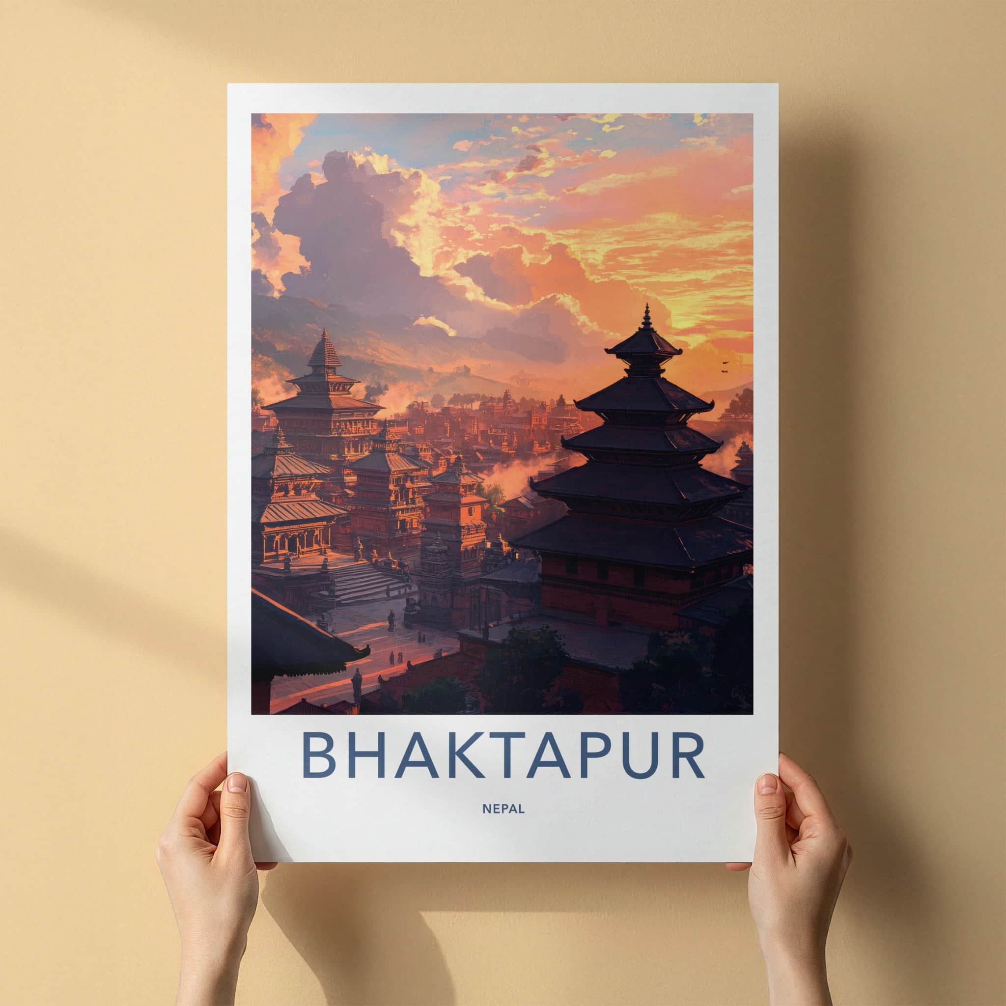 Bhaktapur Poster - Nepal Travel Art - Ancient Temple Sunset Wall Decor