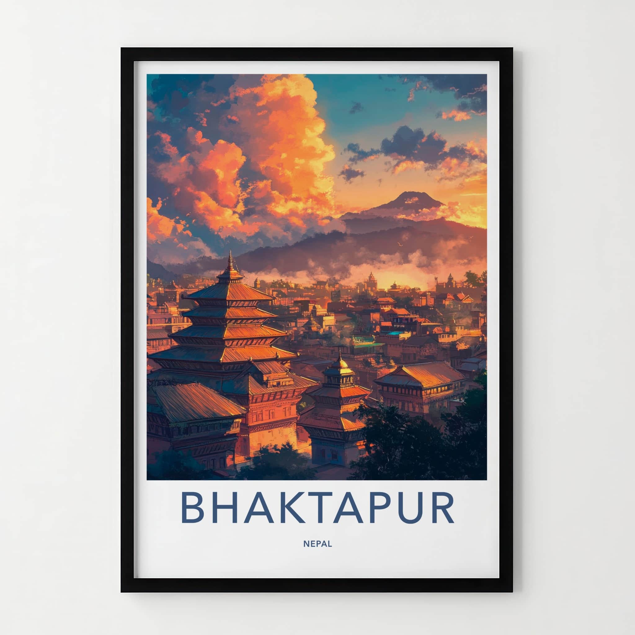 Bhaktapur Poster - Nepal Travel Art - Orange Sky Pagodas Home Decor