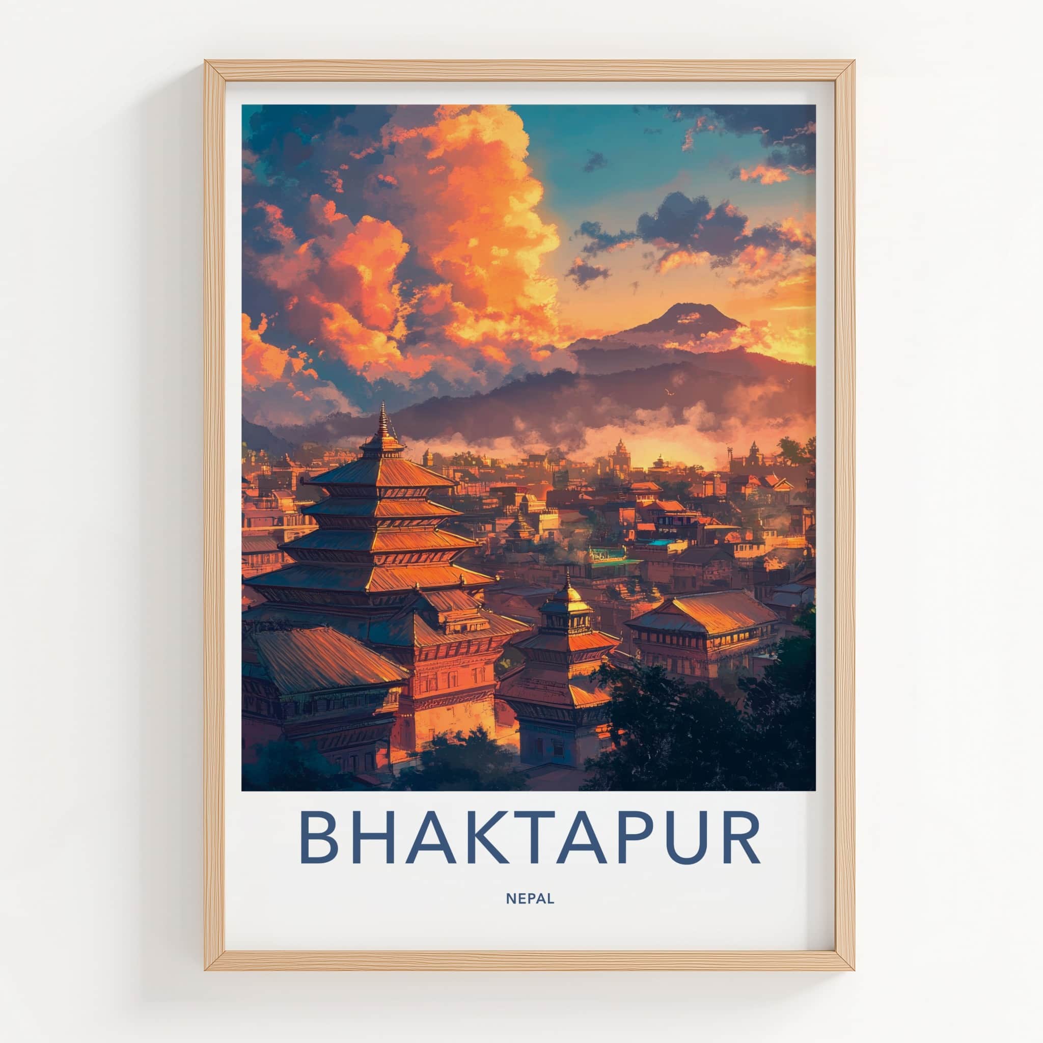 Bhaktapur Poster - Nepal Travel Art - Orange Sky Pagodas Home Decor