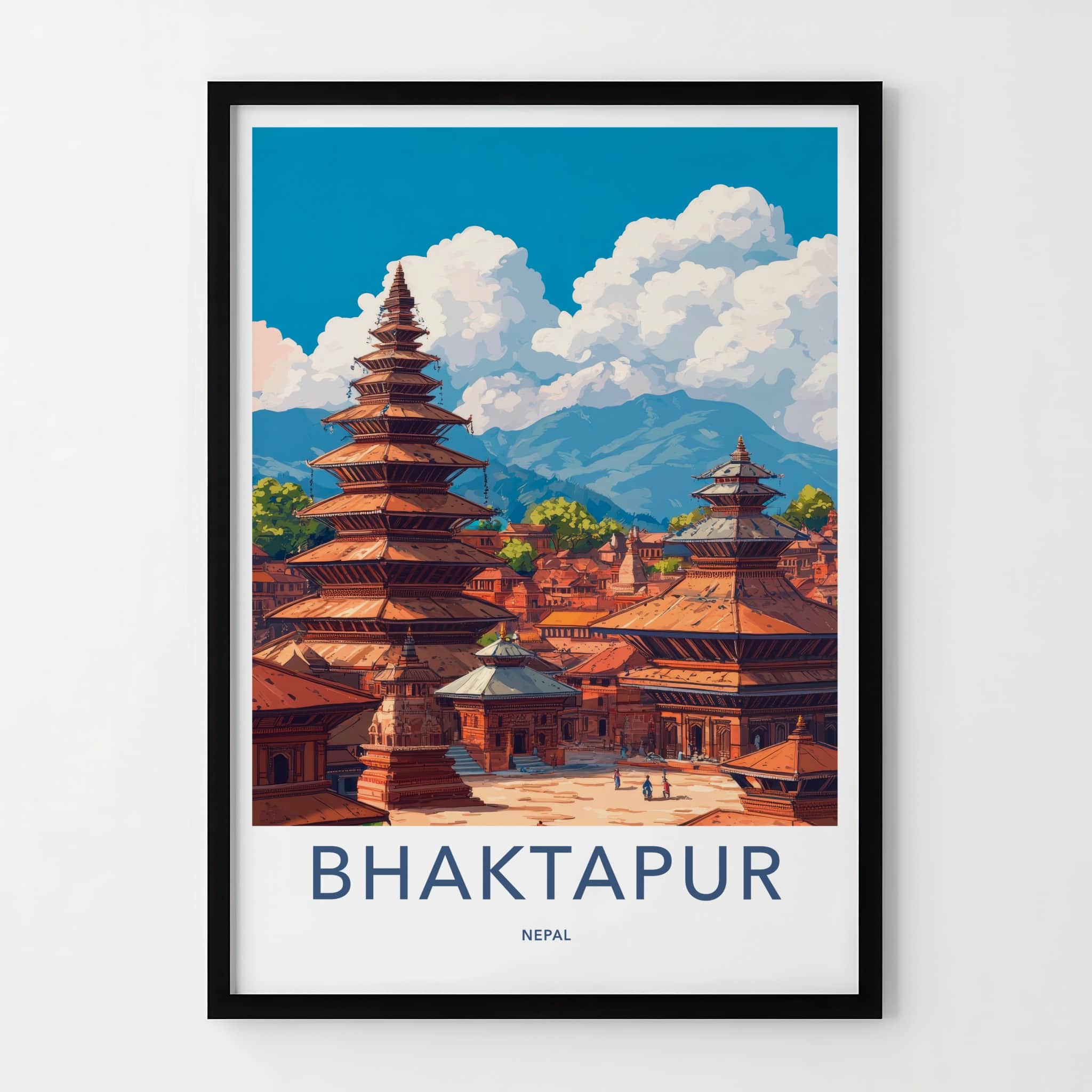Bhaktapur Poster - Nepal Travel Art - Pagoda Temples Mountains Home Decor