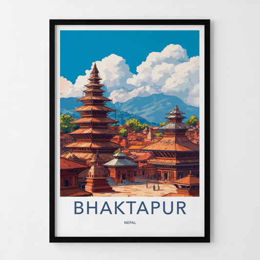 Bhaktapur Poster - Nepal Travel Art - Pagoda Temples Mountains Home Decor