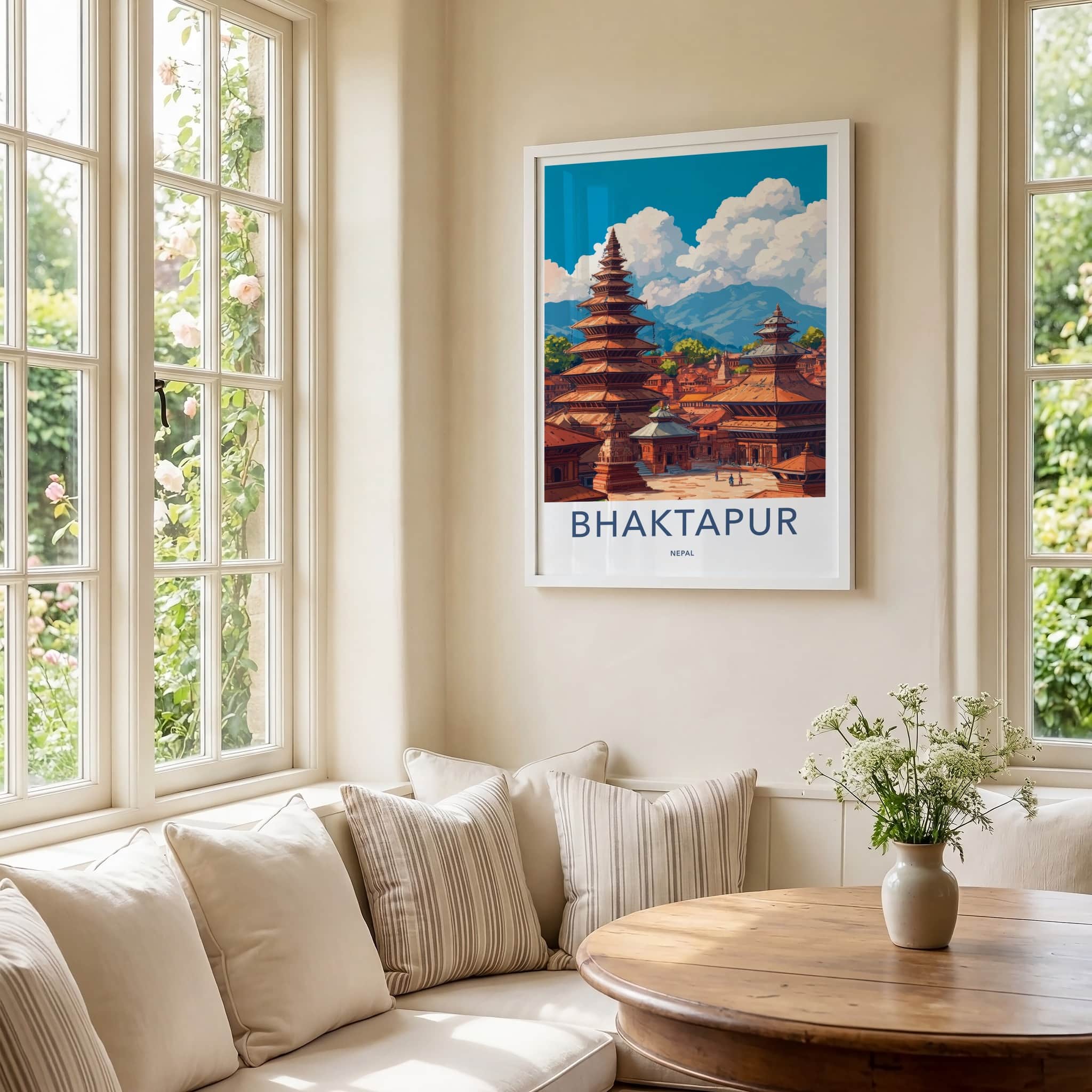 Bhaktapur Poster - Nepal Travel Art - Pagoda Temples Mountains Home Decor