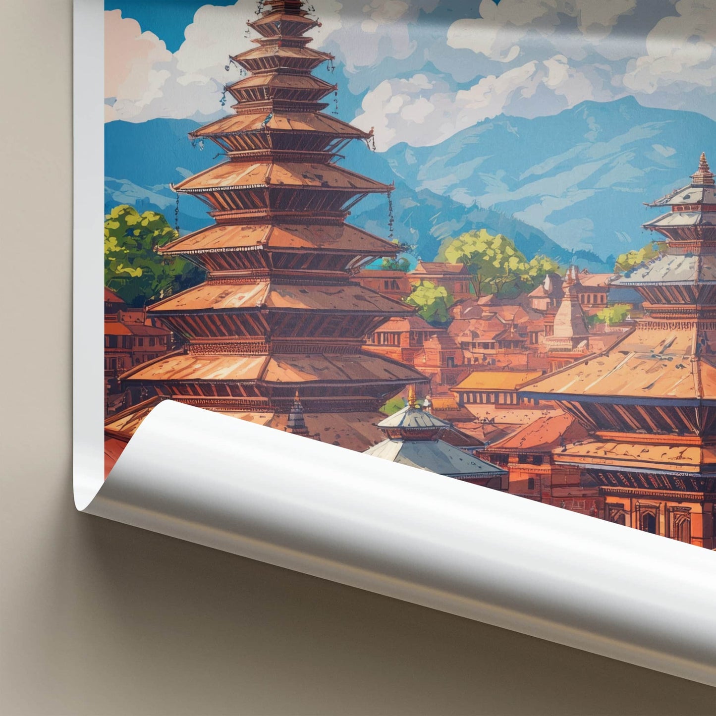 Bhaktapur Poster - Nepal Travel Art - Pagoda Temples Mountains Home Decor